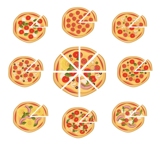 Pizza slice smakelijke verschillende set vector illustratie geïsoleerd