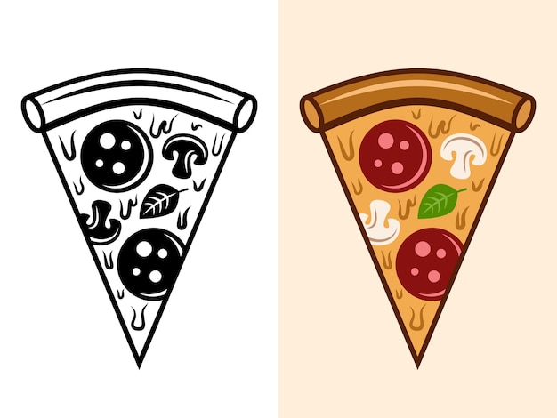 Pizza slice vector objects in two styles monochrome and colored isolated illustration