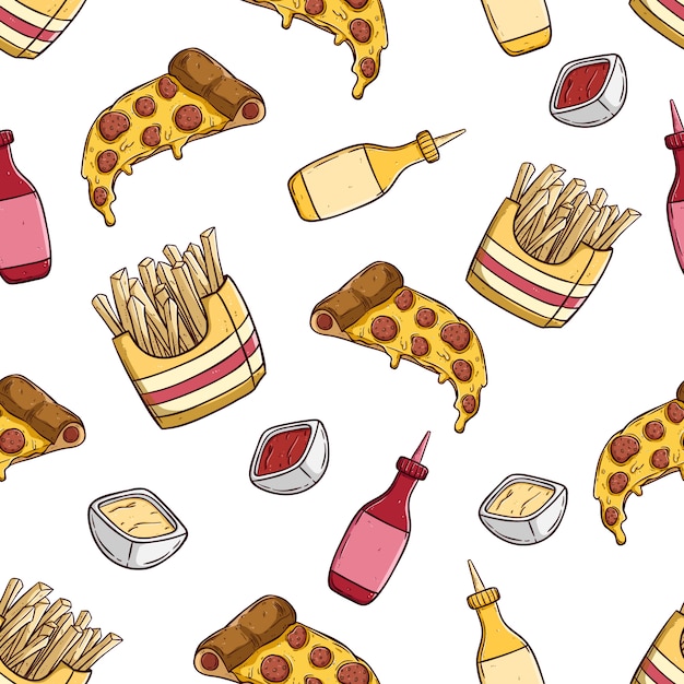 Fetta di pizza con patatine fritte nel modello senza cuciture con stile disegnato a mano colorato