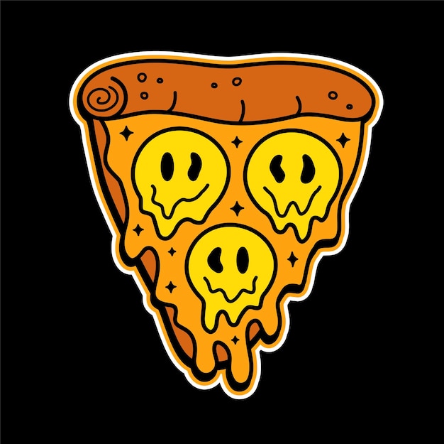 Vettore fetta di pizza con stampa tshirt faccia sorriso fuso vector doodle line personaggio dei cartoni animati illustrazione pizzatrippy smile faceacid stampa su poster tshirtlogo concept