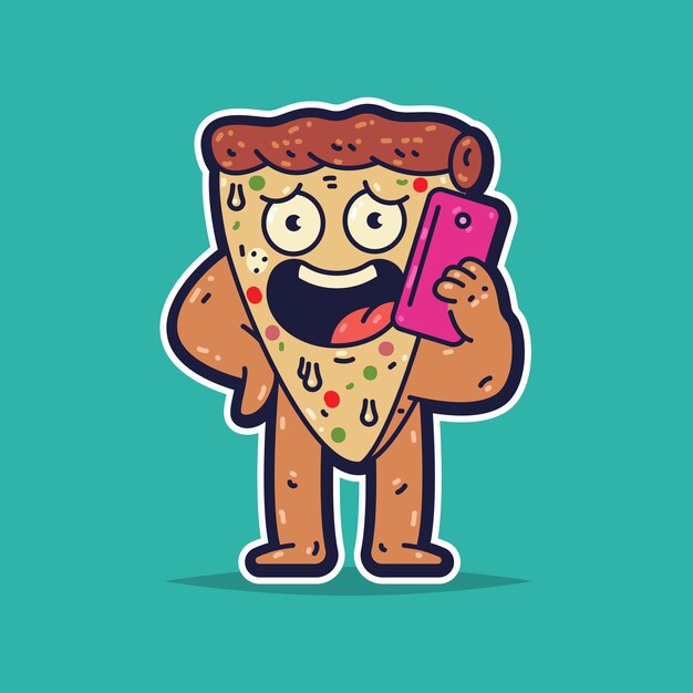 Pizza slice with phone vector cartoon character