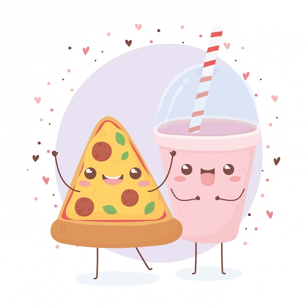 Pizza and soda cup kawaii food cartoon character design