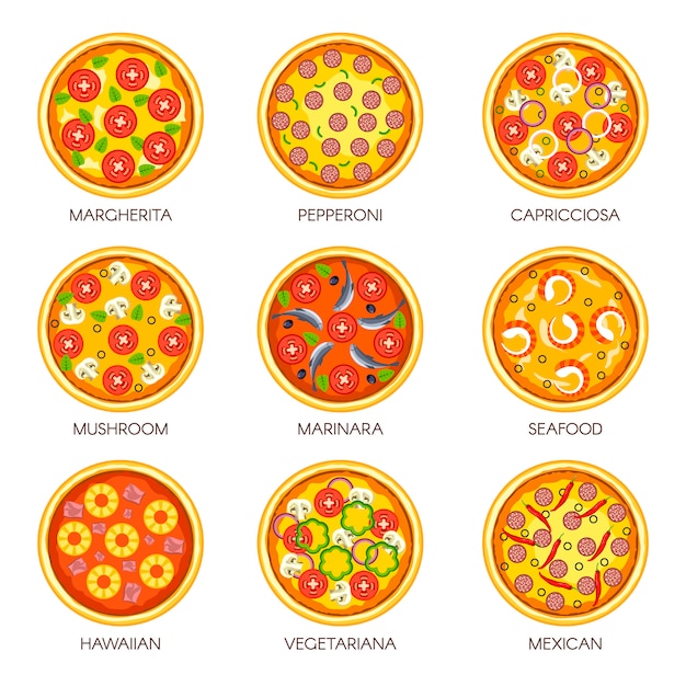 ベクトル ピザはイタリアのピッツェリア料理やファーストフードメニューのベクトルアイコンテンプレートを並べ替えます