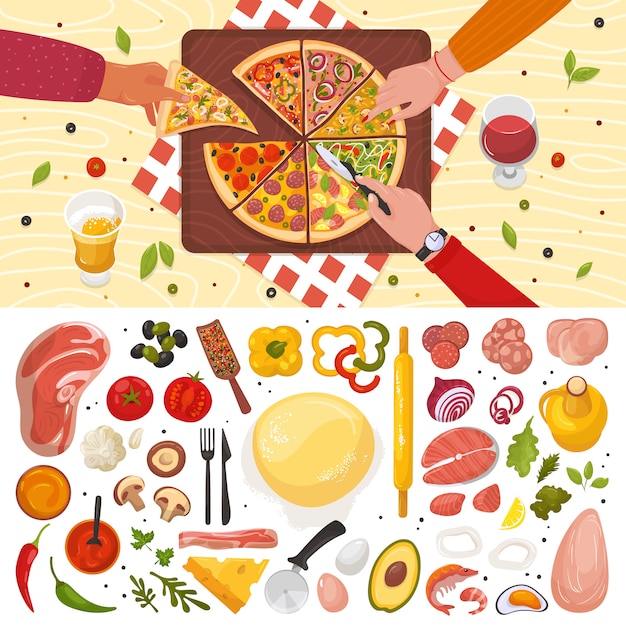 Пицца вкусная еда с различными ингредиентами, помидорами, сыром, грибами, перцем на белой иллюстрации вид сверху. Кухня итальянской кухни пицца с различными начинками, столик в ресторане.