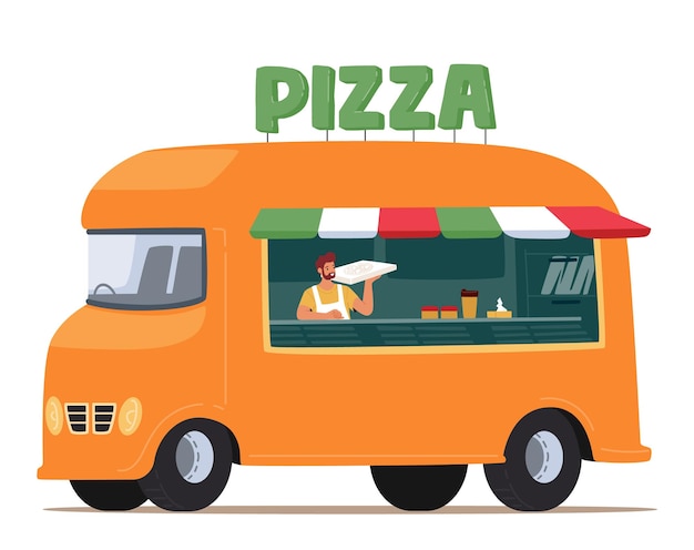 Pizza van street market food truck mini pizzeria restaurant mobiele buswinkel foodtruck marketplace afhaalpizza