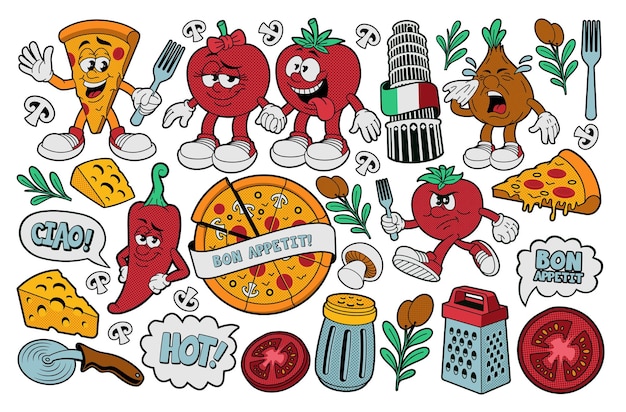 Clipart vettoriali di pizza, una serie di illustrazioni vettoriali di cartoni animati per un tema pizza