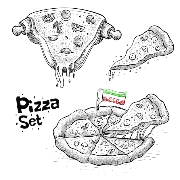 Vettore raccolta di vettore di pizza, illustrazione di cibo in stile disegnato a mano