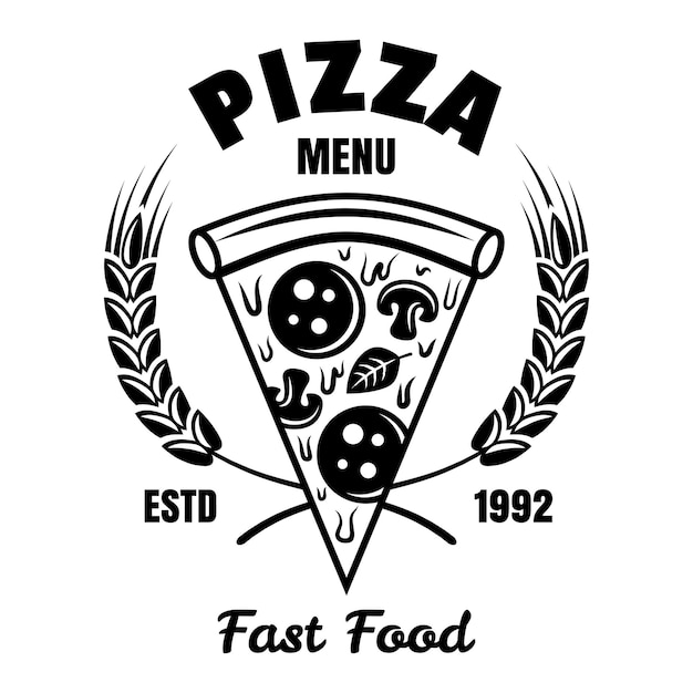 Векторная эмблема пиццы или логотип в винтажном монохромном стиле, выделенный на белом шаблон логотипа доставки быстрого питания