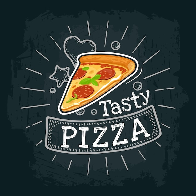 Vector pizza vector flat illustration with engraving rays lettering bubble