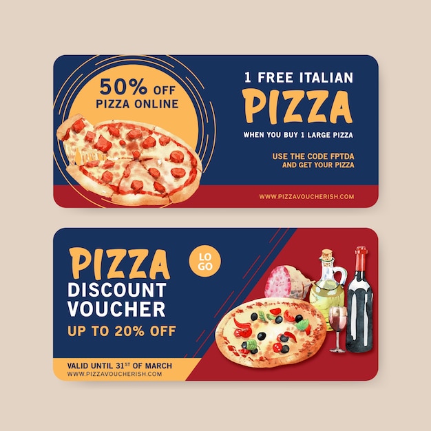 Vector pizza voucher design with cheese, sausage, olive water illustration