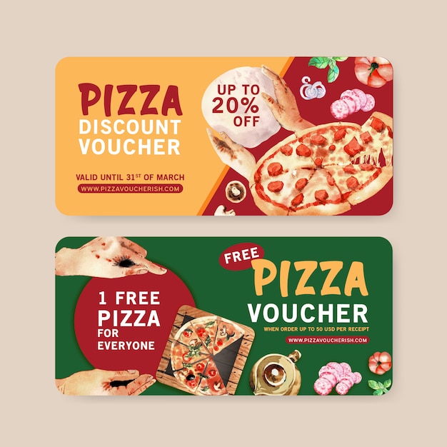 Vector pizza voucher design with dough, tea pot, tomato water illustration