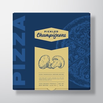 Pizza con funghi champignon mockup realistico di scatola di cartone. progettazione o etichetta di imballaggio di vettore astratto. tipografia moderna, schizzo di cibo e layout di sfondo della carta a colori. isolato