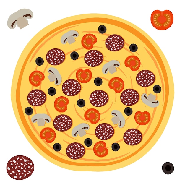 Пицца с сыром салями помидоры грибы маслины и соус Отдельно ингредиенты