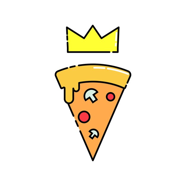 벡터 왕관을 가진 피자 귀여운 패스트푸드 일러스트레이션 평평한 만화 스타일