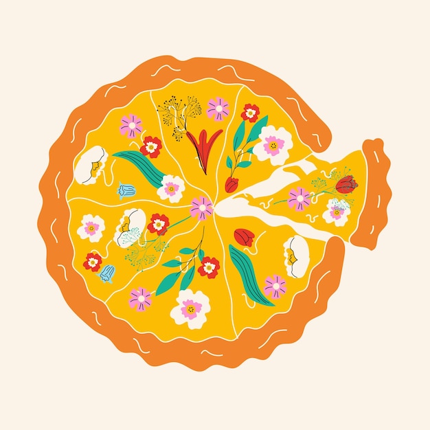 Пицца с разными цветами. Весенняя пицца. Ручная рисованная векторная иллюстрация.