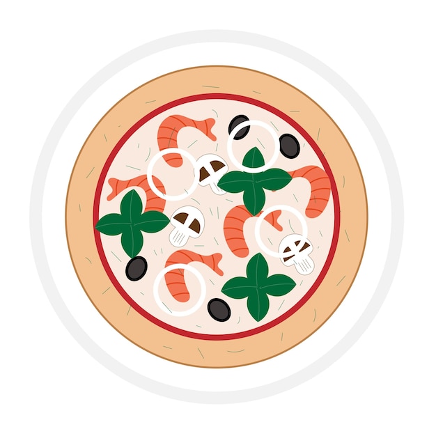 Vector pizza with mozzarella cheese, shrimp, squid, mushrooms, olives.