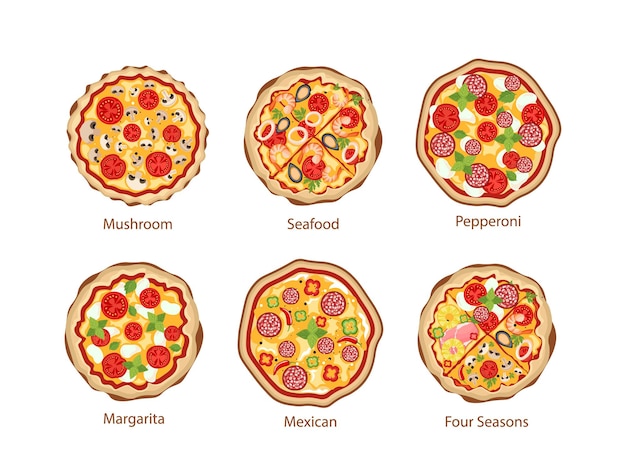 Пицца с грибами, морепродуктами, пепперони и маргаритой, мексиканская и Four Seasons