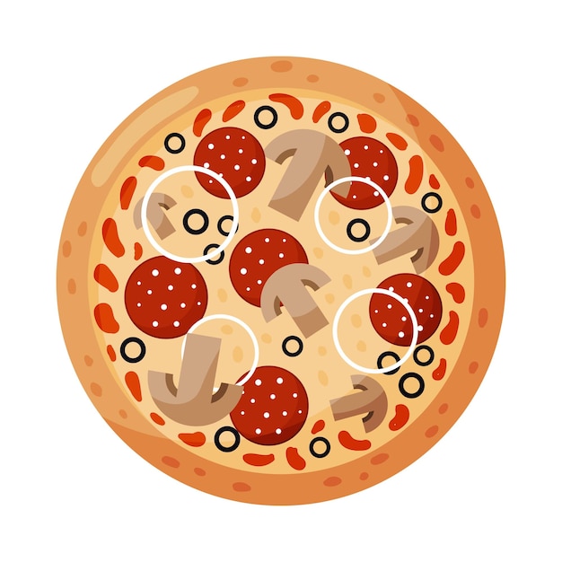 벡터 페퍼로니 토마토 양파 올리브 버섯을 곁들인 피자 흰색 배경에 izolated 이탈리아 패스트 푸드