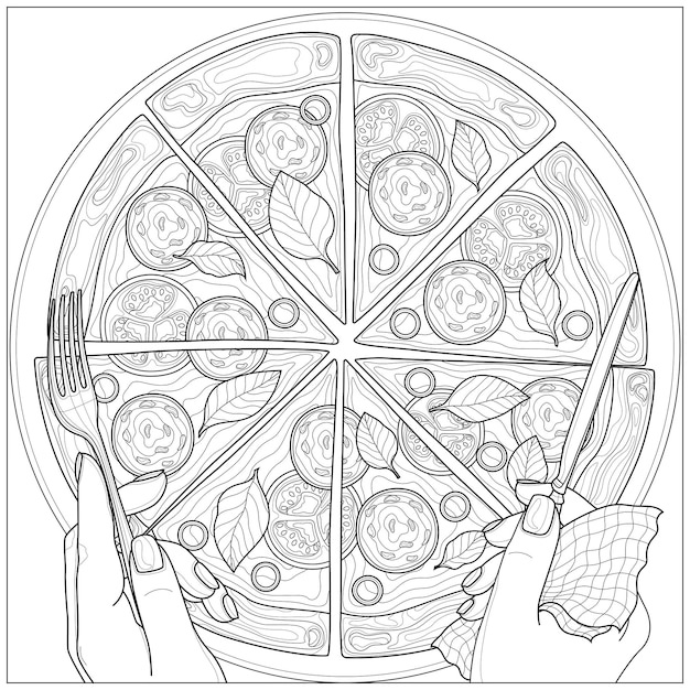 Pizza con salsiccia,pomodoro e basilico.libro da colorare antistress per grandi e piccini. illustrazione isolata su sfondo bianco. disegno in bianco e nero. stile zen-groviglio.