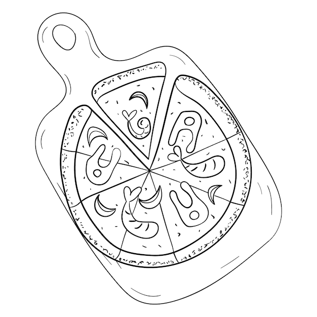 Pizza with seafood on the board line art vector