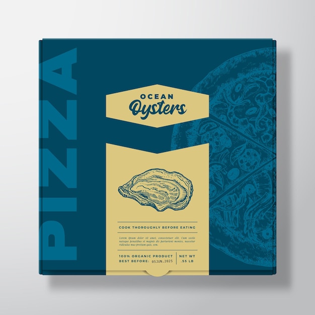 Pizza with seafood oysters realistic cardboard box mockup. abstract vector packaging design or label. modern typography, sketch food and color paper background layout. isolated.