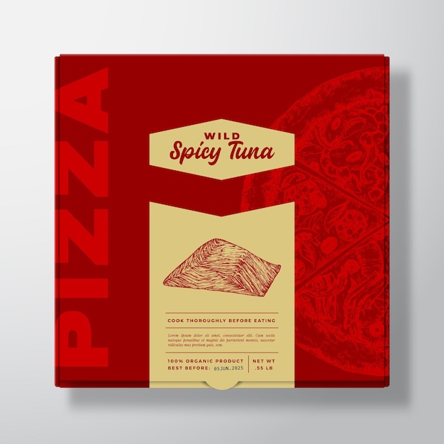 Пицца с морепродуктами тунец реалистичный макет картонной коробки. абстрактный векторный дизайн упаковки или этикетка. современная типография, эскиз еды и цветная бумага. изолированный