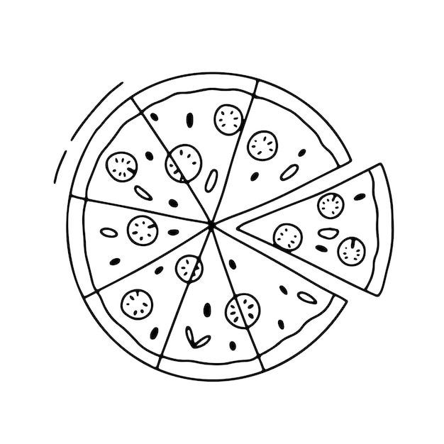 Pizza with slice cut out Vector doodle outline illustration isolated on white