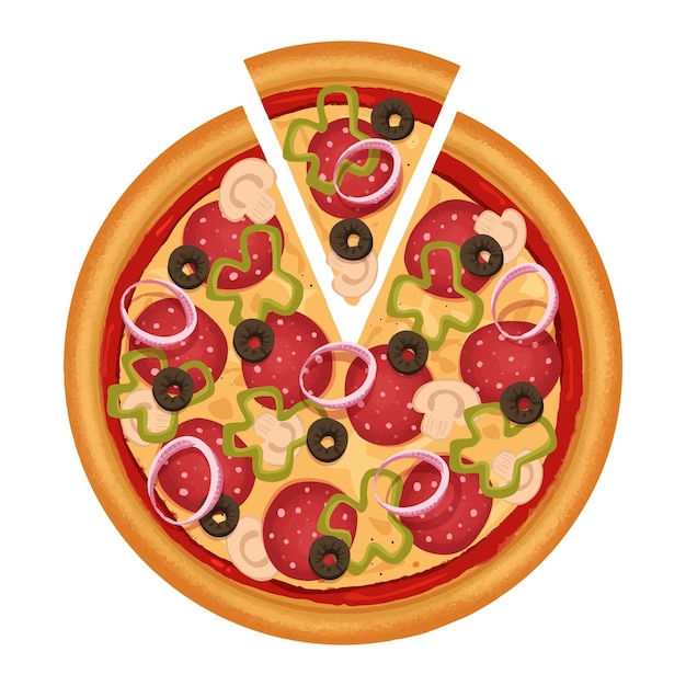 Vector pizza with smoked sausage sweet peppers olives and mushrooms and a slice of pizza