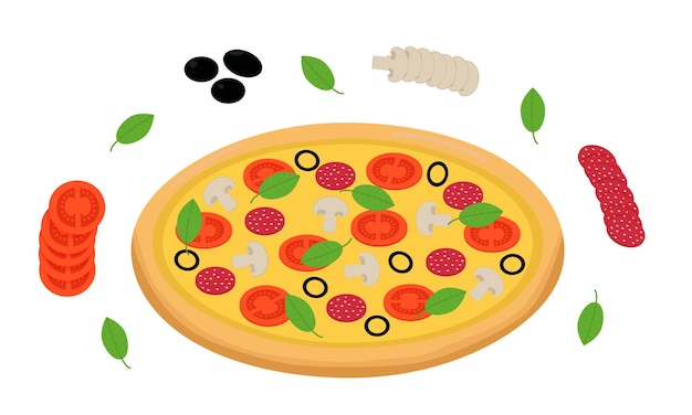 Vector pizza with tomatoes mushrooms herbs pepperoni olives