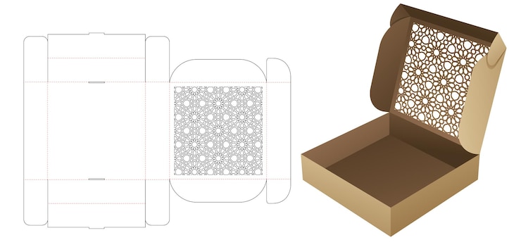 Vector pizzadoos met gestencild arabisch patroon gestanst sjabloon en 3d-mockup