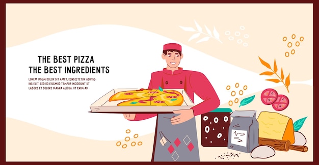 Pizzeria banner or flyer mockup with cook taking of oven fresh pizza flat vector