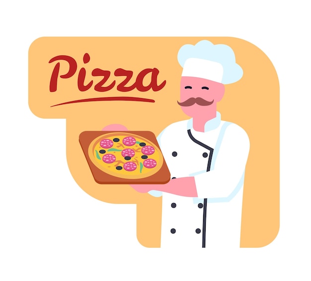 Pizzeria chef holding mouthwatering pizza in his hands Italian food Cook in uniform Happy man showing meal dish Baked snack with cheese or salami Tasty pepperoni Vector concept