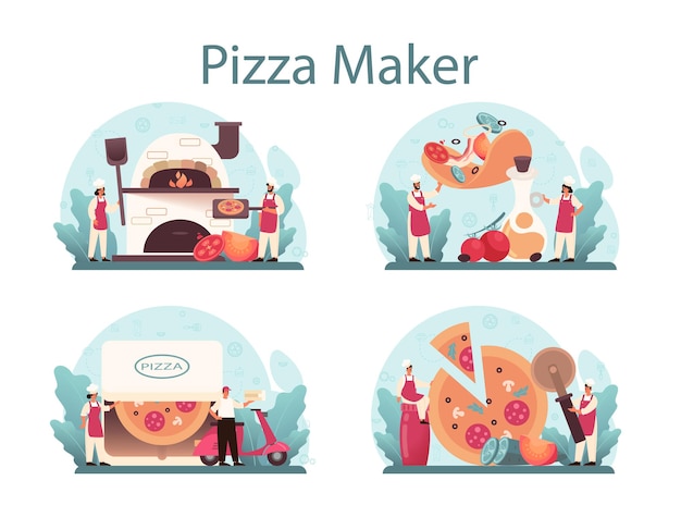 Pizzeria concept set. chef cooking tasty delicious pizza. italian food. salami and mozarella cheese, tomato slice. isolated