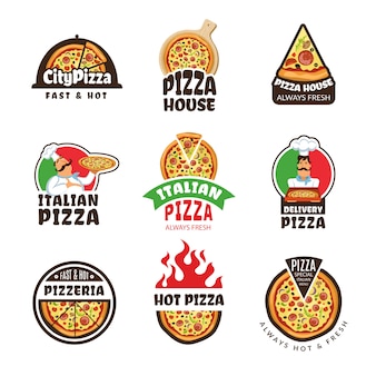 Logo pizzeria. il ristorante italiano degli ingredienti della pizza cucina il pranzo della trattoria etichette o distintivi colorati