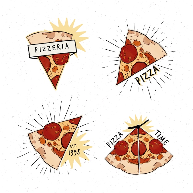 Vector pizzeria logotype set. collection of different logo with pizza slices and inscriptions