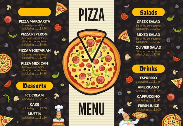 Modello di menu pizzeria. ingredienti italiani della pizza dell'alimento di cucina della cucina che cucinano il fondo dei dessert e del pranzo