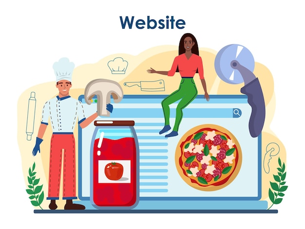 Pizzeria online service of platform. Chef-kok die smakelijke heerlijke pizza kookt