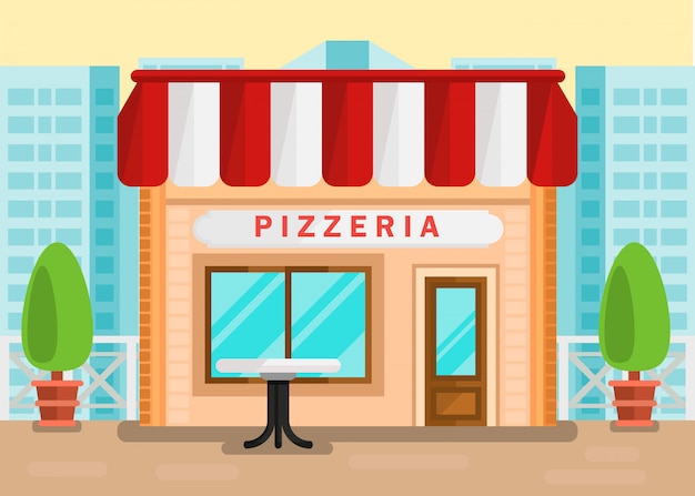 Pizzeria outdoor seating cartoon illustration