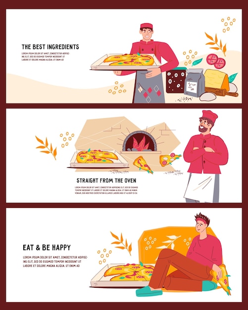 Raccolta di striscioni e volantini per pizzerie e ristoranti illustrazione vettoriale disegnata a mano pacchetto di striscioni pubblicitari per la cottura e la consegna della pizza