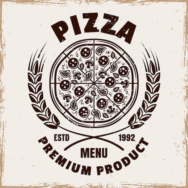 Pizzeria vettore emblema logo distintivo o etichetta con pizza rotonda in stile vintage colorato isolato su priorità bassa con struttura del grunge