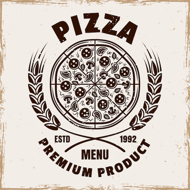 ピッツェリア ベクトル エンブレム ロゴ バッジまたはグランジ テクスチャを背景に分離されたヴィンテージ色のスタイルで丸いピザのラベル
