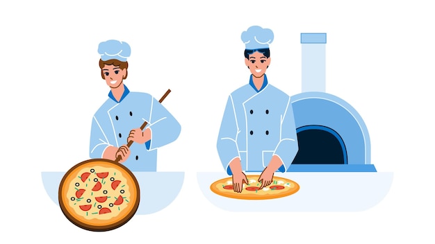 Pizzeria workers preparing delicious food vector