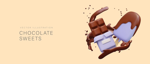 Vector placard met realistisch ijs en chocolade en een beetje cacao