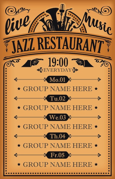 Vettore cartello per ristorante con musica jazz