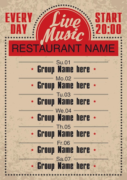 Vettore cartello per ristorante con musica dal vivo