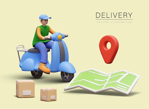Placard with realistic cartoon character sitting on scooter near open big paper map