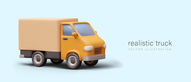 placard with realistic yellow 3d truck on blue background