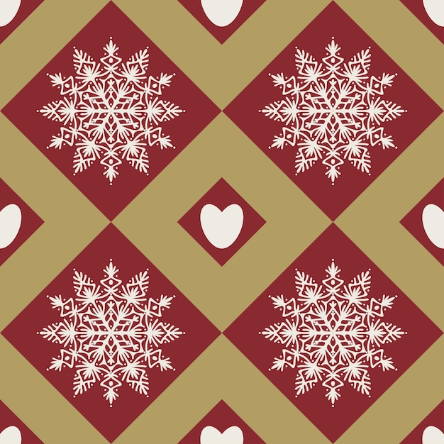 크리스마스 및 새해 휴가를 위한 스노우플레이크 및 하트 요소 디자인으로 된 클레이드 패턴