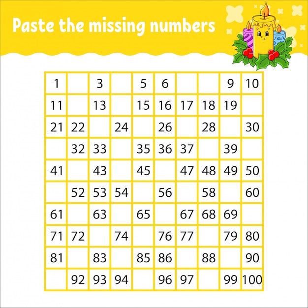 Plak de ontbrekende getallen van 1 tot 100. handschrift oefenen. getallen leren voor kinderen.