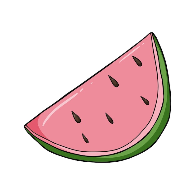 Plakje rijpe sappige watermeloen met stenen bessen oogst doodle lineaire cartoon kleuren